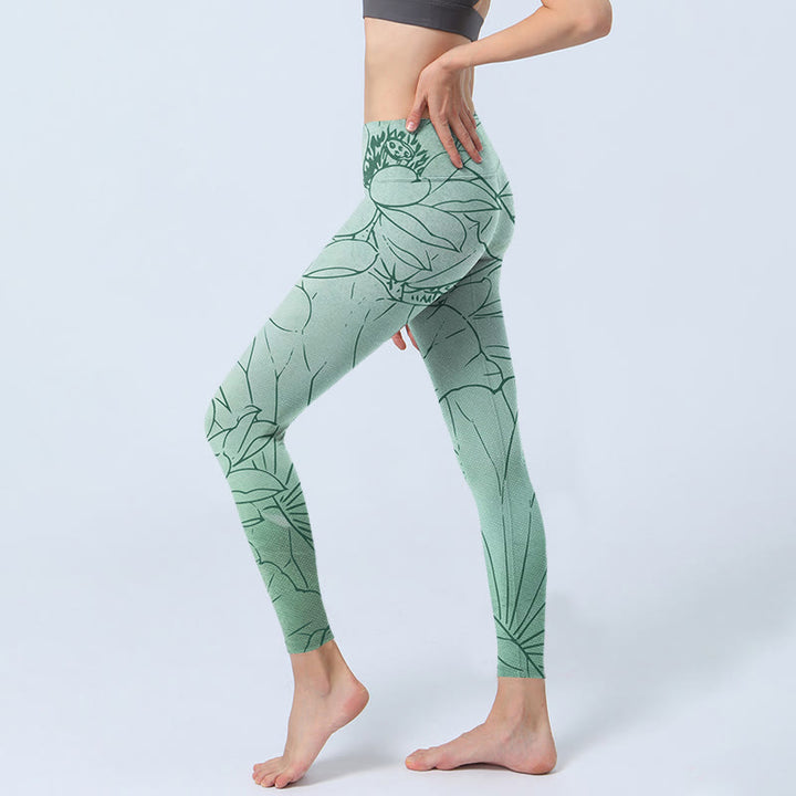 Leggings deportivos con estampado de flores de loto verde y Buddha Stones para mujer - image 3