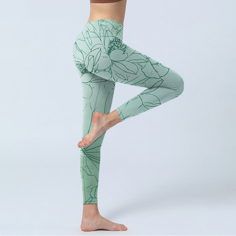 Leggings deportivos con estampado de flores de loto verde y Buddha Stones para mujer - image 4