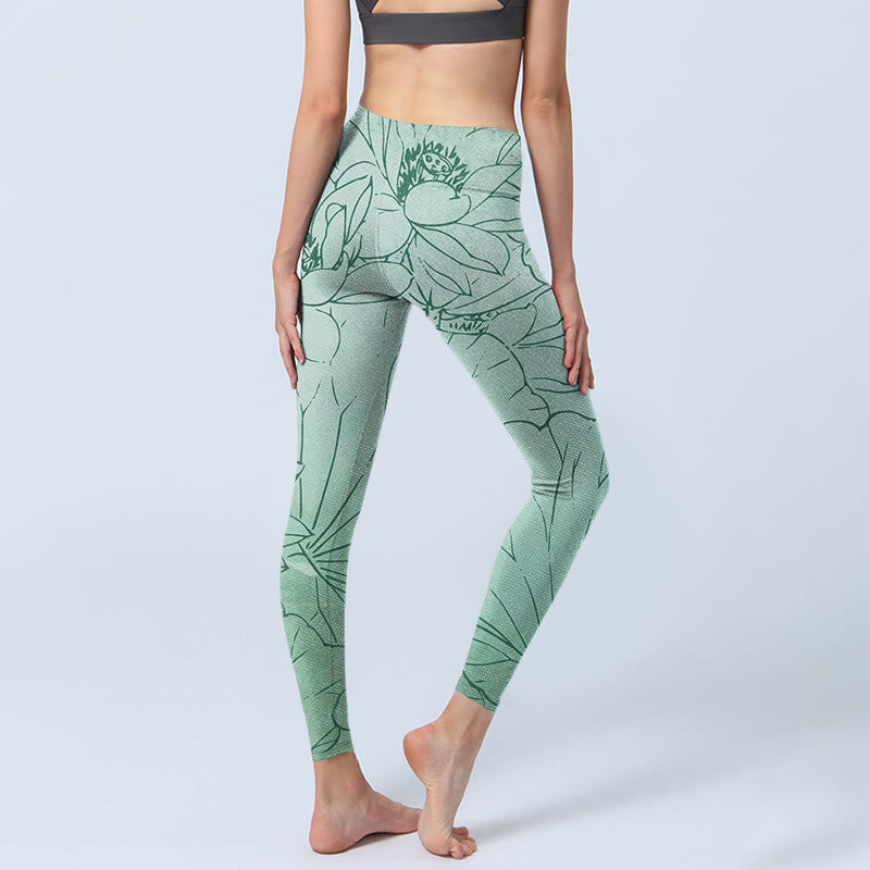 Leggings deportivos con estampado de flores de loto verde y Buddha Stones para mujer - image 4