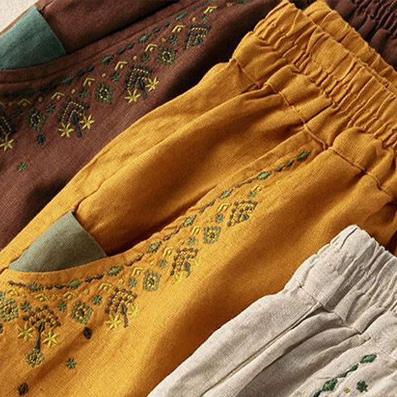 Pantalones capri estilo harén con cintura elástica y bordado vintage de Buddha Stones y bolsillos - image 1