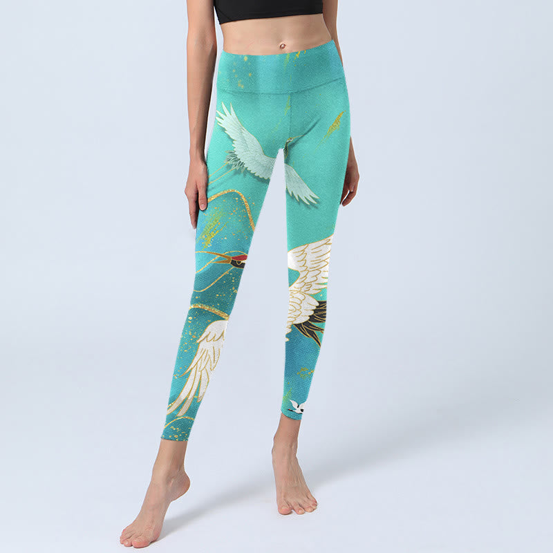 Leggings de fitness con estampado de grullas de montaña y Buddha Stones en color verde menta para mujer - image 7