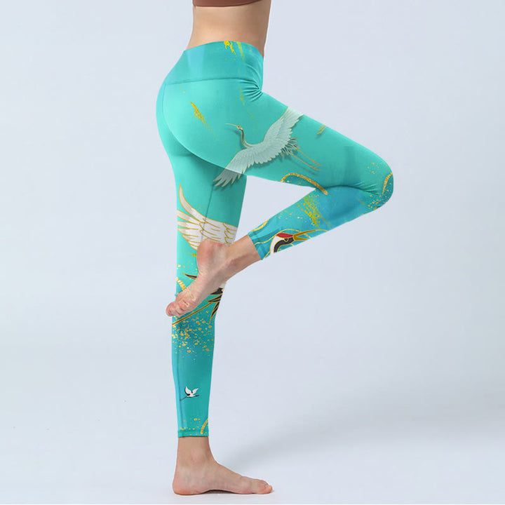Leggings de fitness con estampado de grullas de montaña y Buddha Stones en color verde menta para mujer - image 5