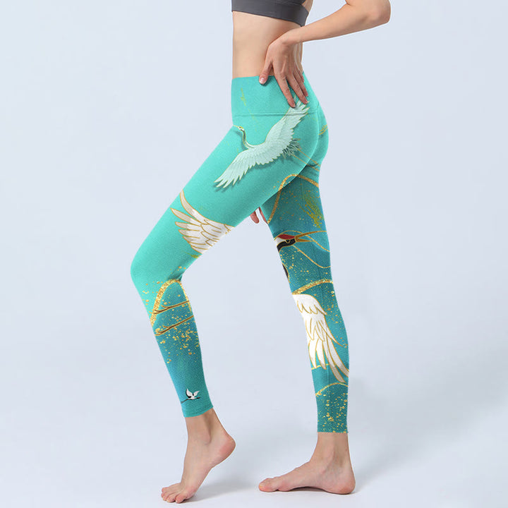 Leggings de fitness con estampado de grullas de montaña y Buddha Stones en color verde menta para mujer - image 3