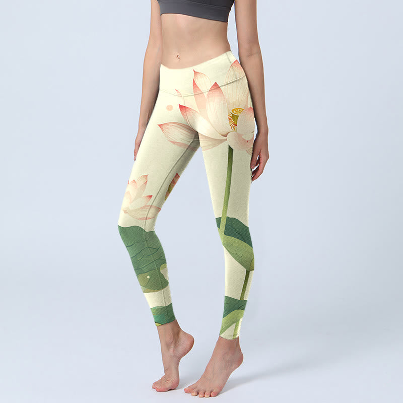 Leggings de fitness con estampado de libélula, hojas, flores de loto y piedras de Buddha Stones para mujer - Blanco antiguo - US18，UK/AU22，EU50 (4XL) - image 1