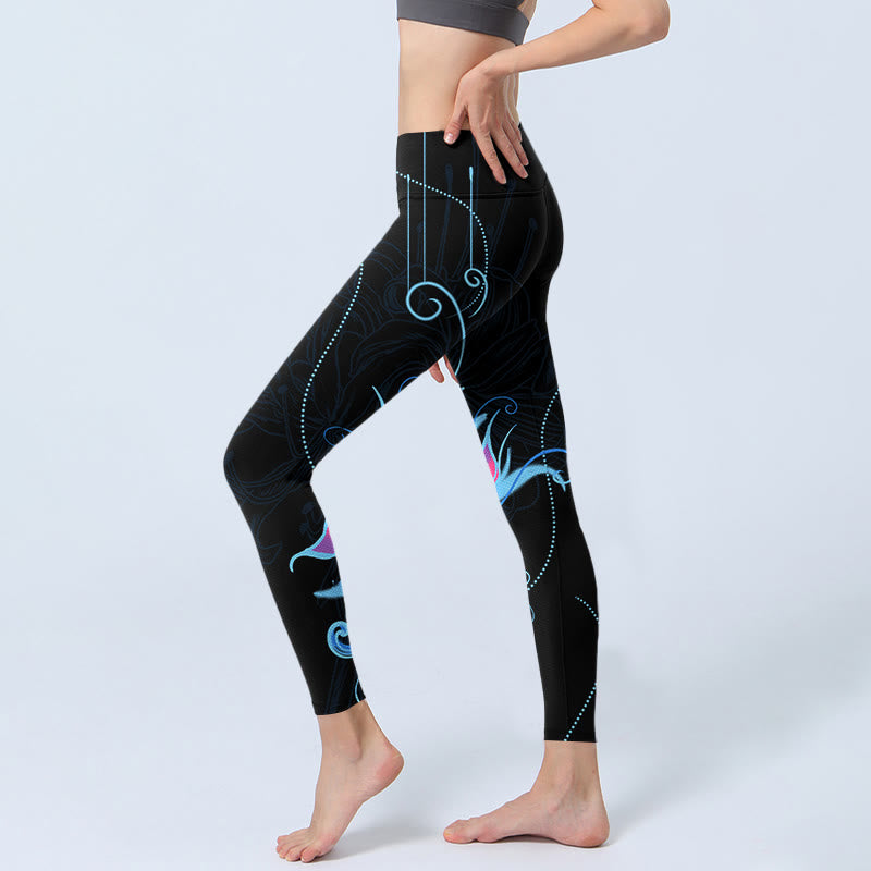 Leggings de fitness con estampado de flores en azul, rosa y negro con Buddha Stones para mujer - image 4