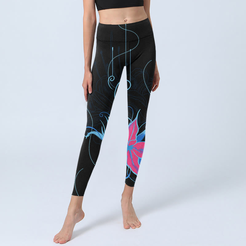 Leggings de fitness con estampado de flores en azul, rosa y negro con Buddha Stones para mujer - image 6
