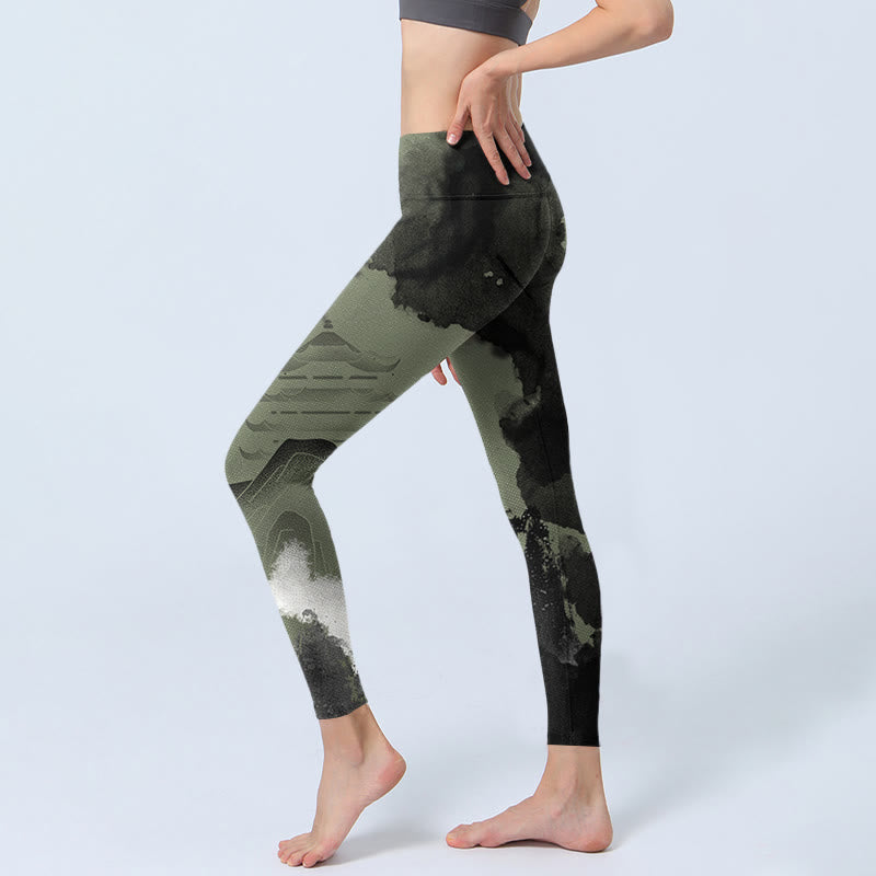 Pantalones de yoga para mujer con estampado de montaña, pintura en tinta y Buddha Stones - image 4