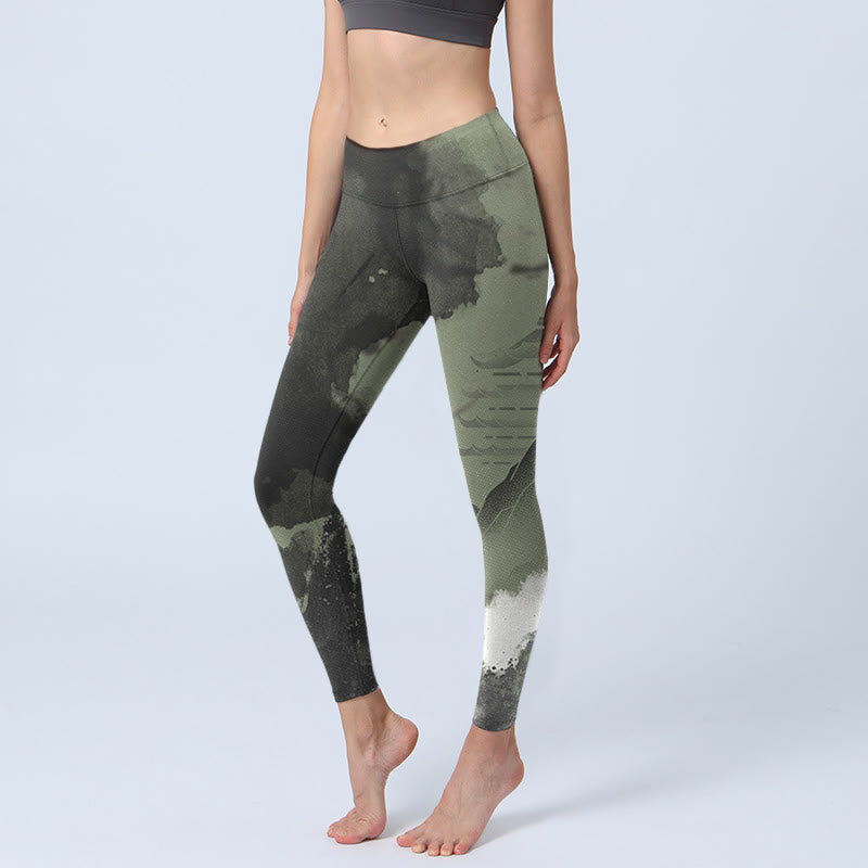 Pantalones de yoga para mujer con estampado de montaña, pintura en tinta y Buddha Stones - Gris - US18，UK/AU22，EU50 (4XL) - image 1