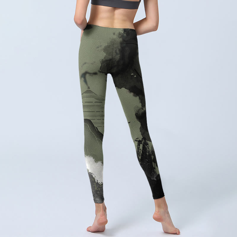 Pantalones de yoga para mujer con estampado de montaña, pintura en tinta y Buddha Stones - image 8