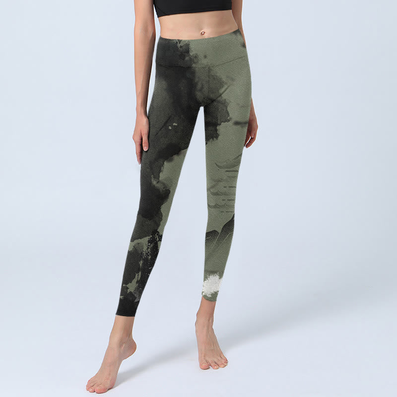 Pantalones de yoga para mujer con estampado de montaña, pintura en tinta y Buddha Stones - image 6