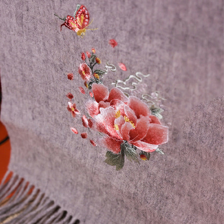 Chal de lana con Buddha Stones , bordado de mariposas y peonías rosas, bufanda de viaje acogedora para el invierno