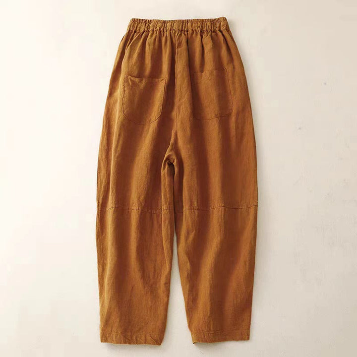 Pantalones harén de lino con cintura elástica y cordón ajustable para mujer de Buddha Stones con bolsillos - image 25
