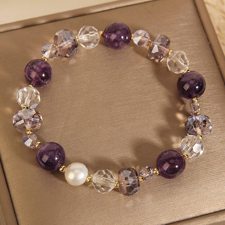 Pulsera de comunicación con perlas de cristal blanco y amatista y Buddha Stones