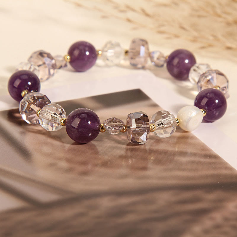 Pulsera de comunicación con perlas de cristal blanco y amatista y Buddha Stones