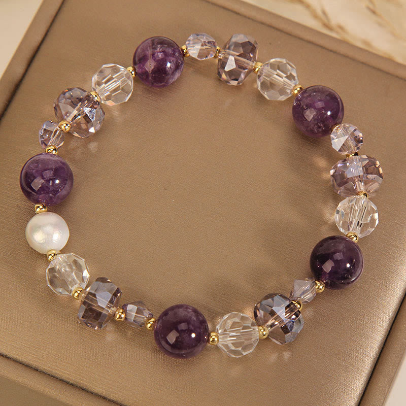 Pulsera de comunicación con perlas de cristal blanco y amatista y Buddha Stones