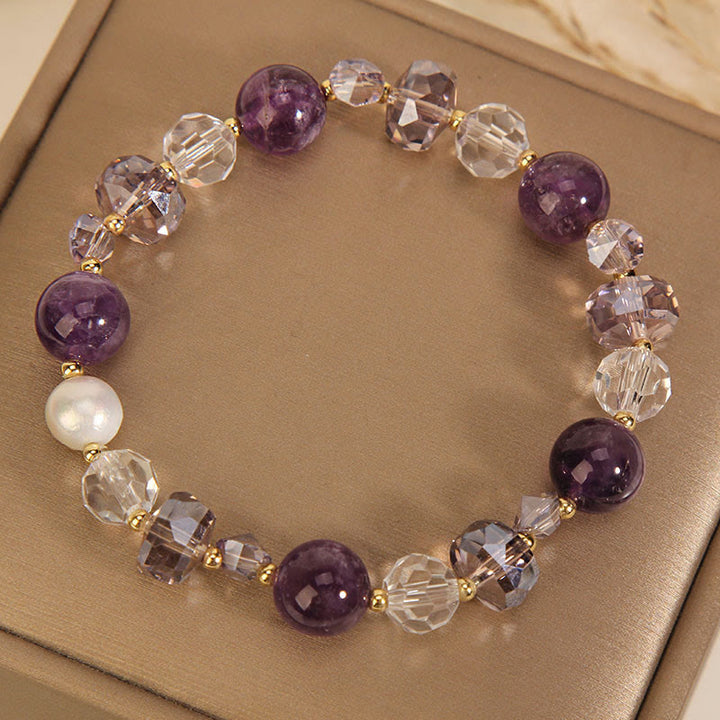 Pulsera de comunicación con perlas de cristal blanco y amatista y Buddha Stones
