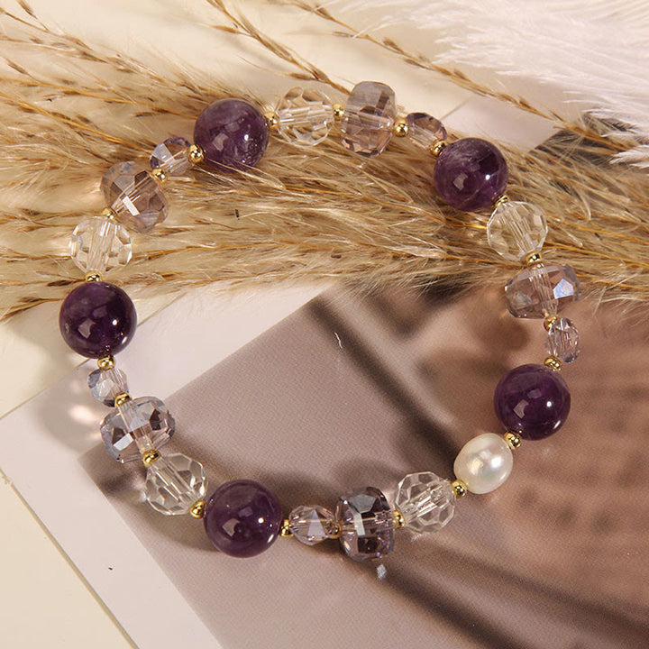 Pulsera de comunicación con perlas de cristal blanco y amatista y Buddha Stones