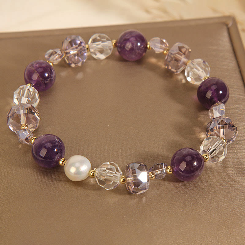 Pulsera de comunicación con perlas de cristal blanco y amatista y Buddha Stones