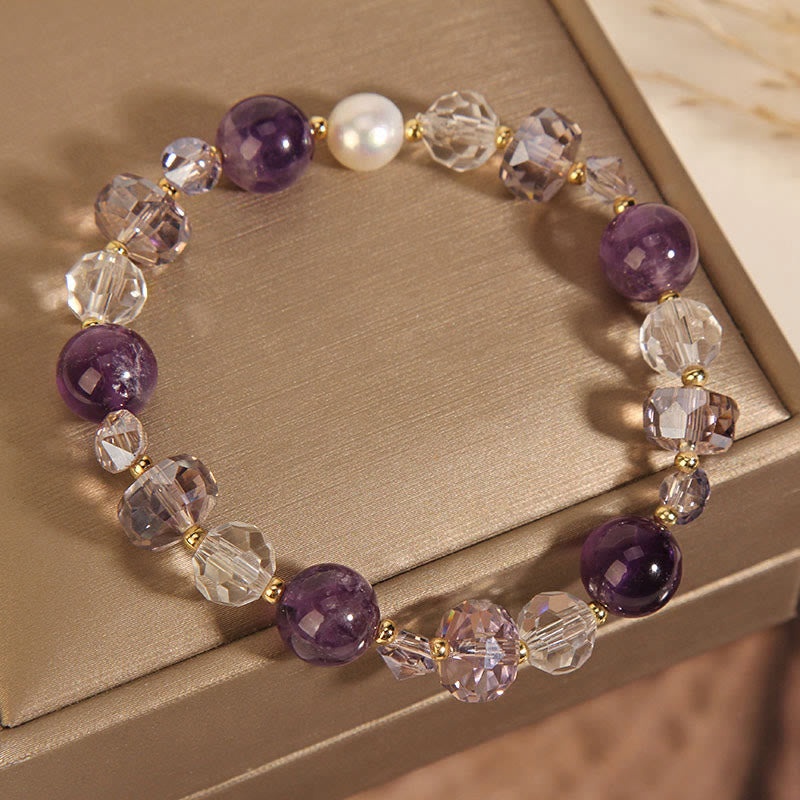 Pulsera de comunicación con perlas de cristal blanco y amatista y Buddha Stones