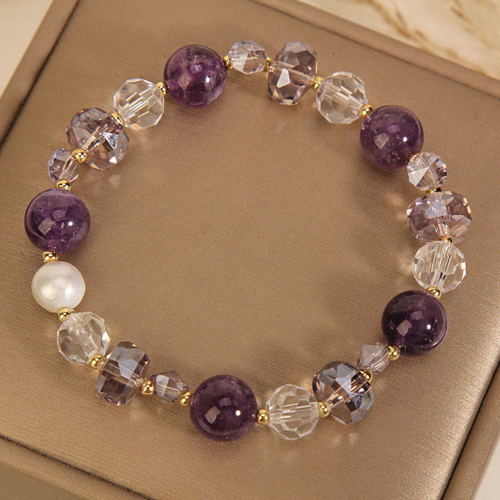 Pulsera de comunicación con perlas de cristal blanco y amatista y Buddha Stones