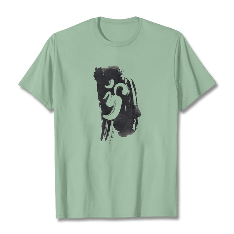 Camiseta de algodón con fondo de tinta OM y Buddha Stones - Verde pálido - 2XL - image 17