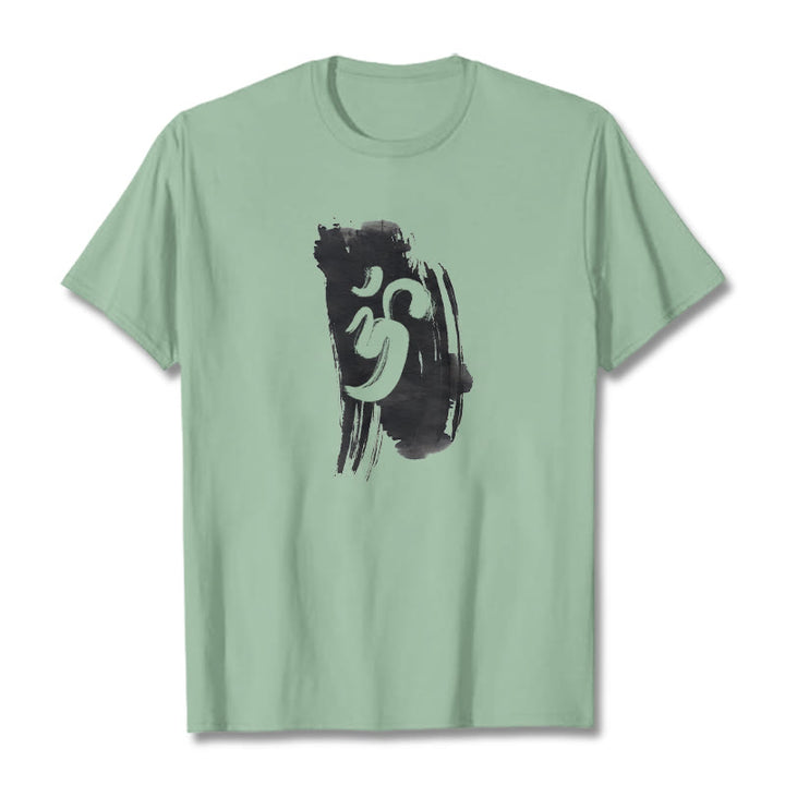Camiseta de algodón con fondo de tinta OM y Buddha Stones - Verde pálido - 2XL - image 18