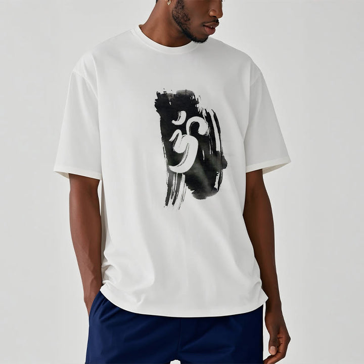 Camiseta de algodón con fondo de tinta OM y Buddha Stones - image 7