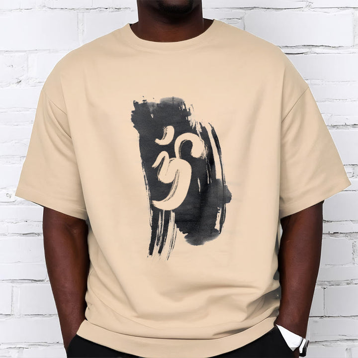 Camiseta de algodón con fondo de tinta OM y Buddha Stones - image 13