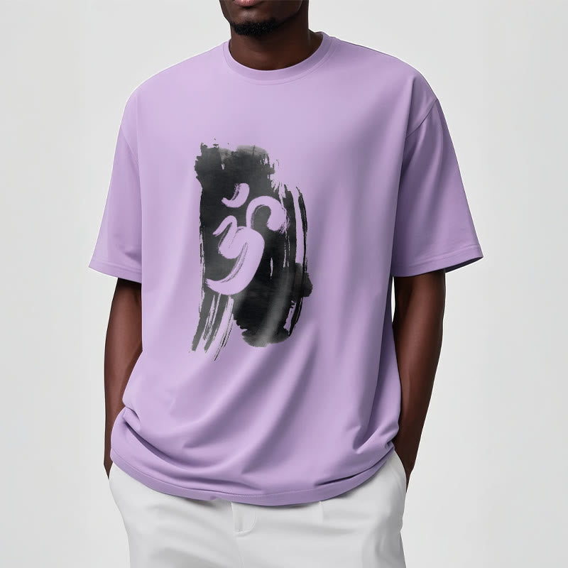 Camiseta de algodón con fondo de tinta OM y Buddha Stones - image 14