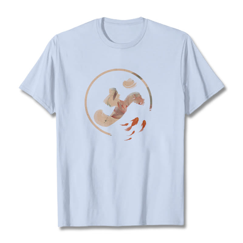 Camiseta de algodón con diseño de pez koi y loto OM de Buddha Stones - Cian claro - 2XL - image 19