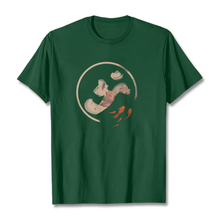 Camiseta de algodón con diseño de pez koi y loto OM de Buddha Stones - Verde bosque - 2XL - image 11
