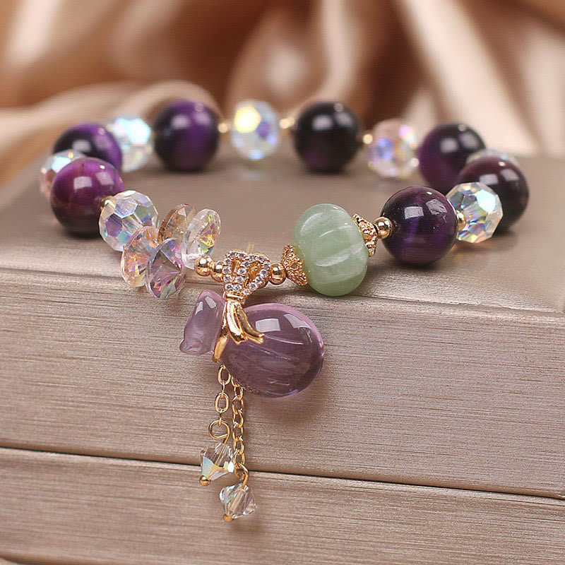 Pulsera de valentía con Buddha Stones, ojo de tigre morado, cristal blanco, amatista y jade
