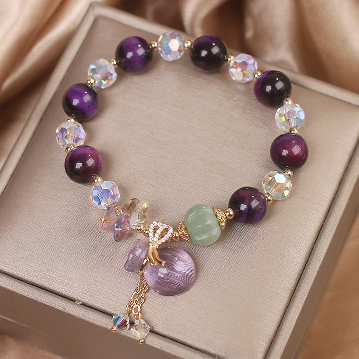 Pulsera de valentía con Buddha Stones, ojo de tigre morado, cristal blanco, amatista y jade