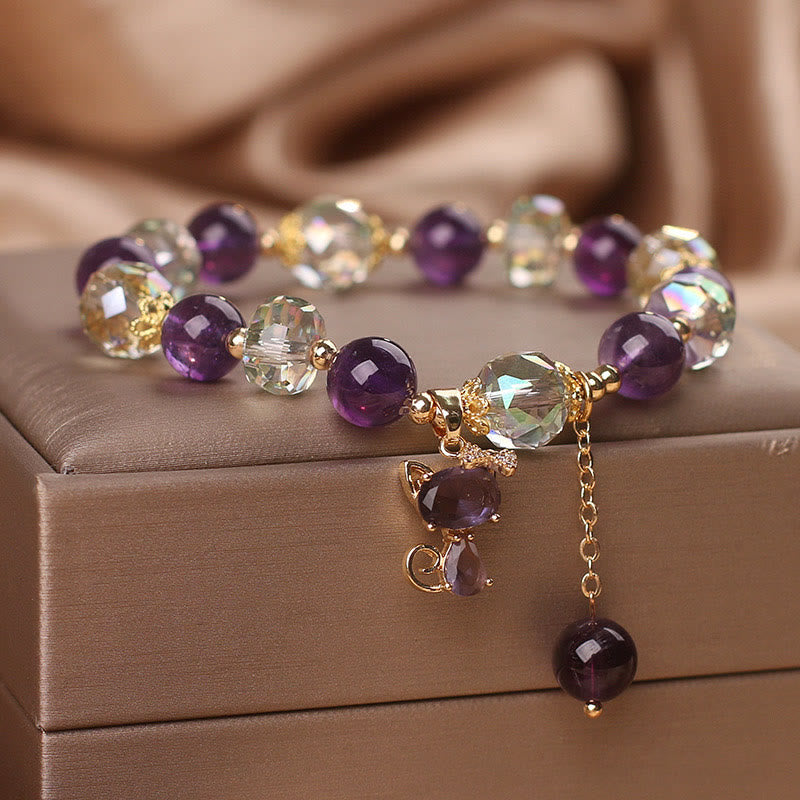 Pulsera de meditación con zorro de cristal blanco y amatista y Buddha Stones