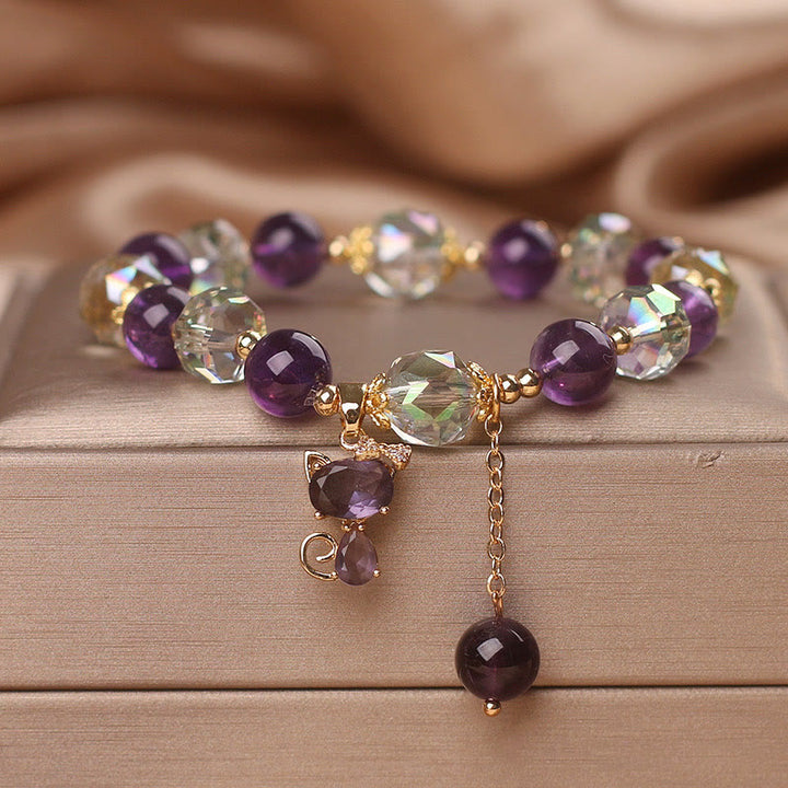 Pulsera de meditación con zorro de cristal blanco y amatista y Buddha Stones