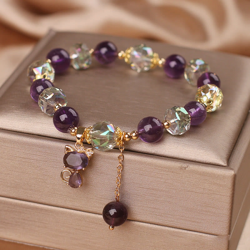 Pulsera de meditación con zorro de cristal blanco y amatista y Buddha Stones