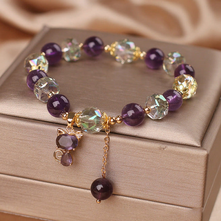 Pulsera de meditación con zorro de cristal blanco y amatista y Buddha Stones
