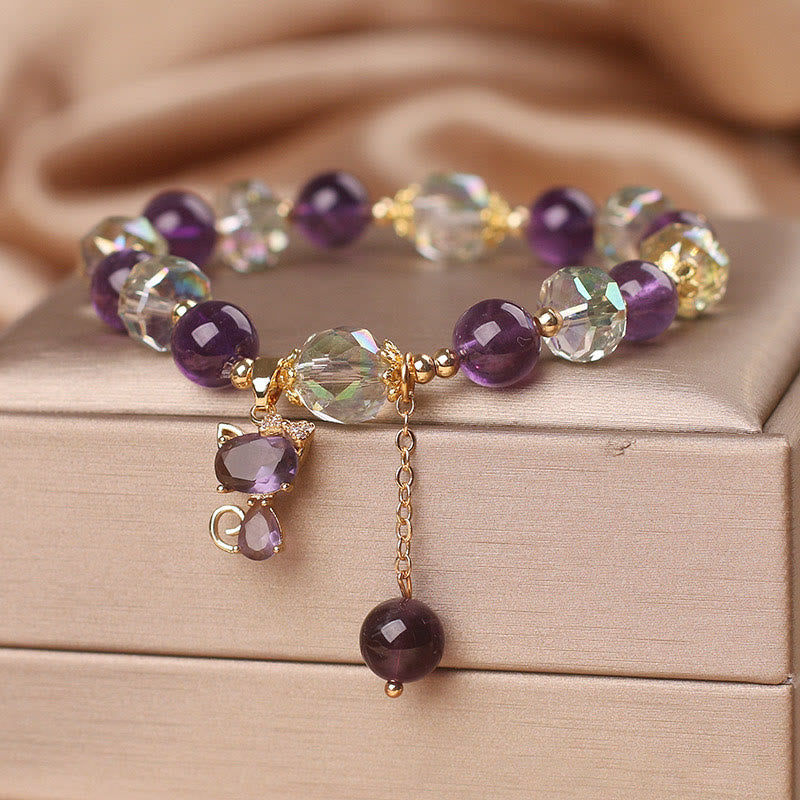 Pulsera de meditación con zorro de cristal blanco y amatista y Buddha Stones