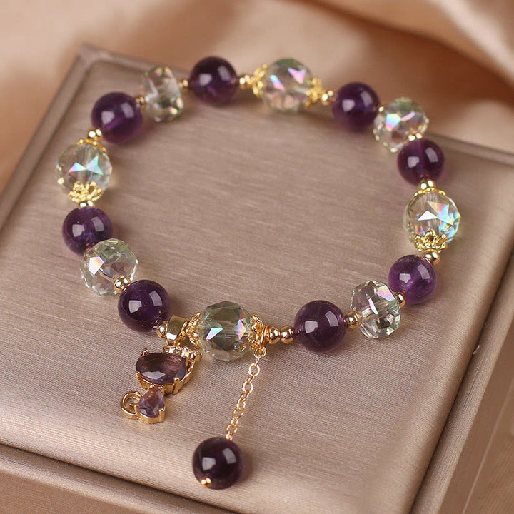 Pulsera de meditación con zorro de cristal blanco y amatista y Buddha Stones