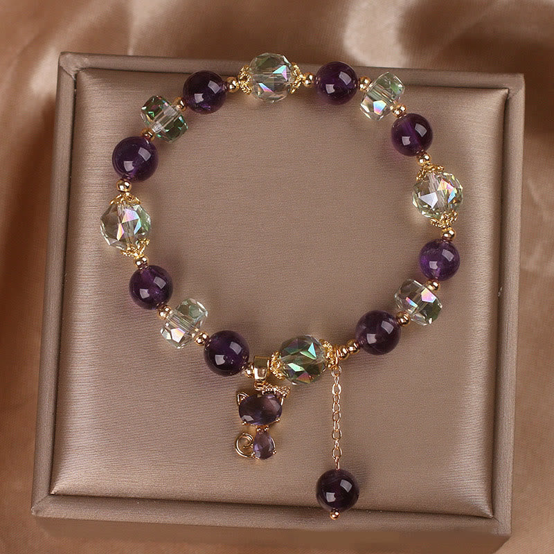 Pulsera de meditación con zorro de cristal blanco y amatista y Buddha Stones