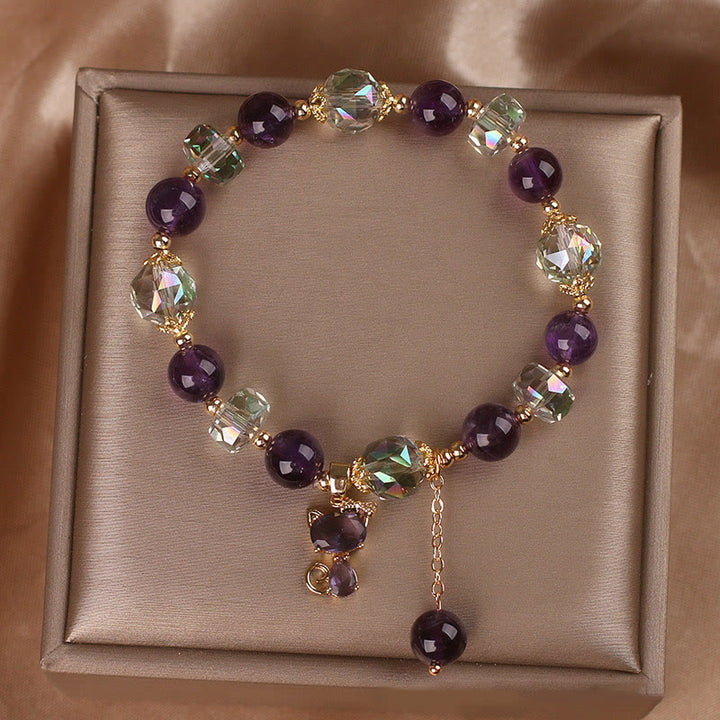 Pulsera de meditación con zorro de cristal blanco y amatista y Buddha Stones