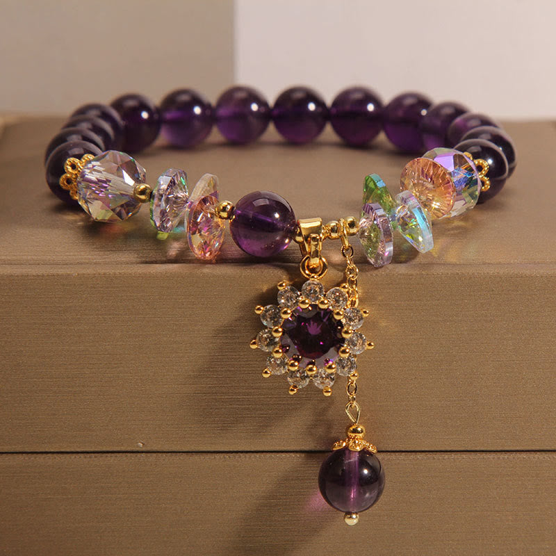Pulsera de conciencia espiritual con Buddha Stones, amatista, cristal verde, citrino y cristal blanco y girasol