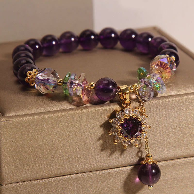 Pulsera de conciencia espiritual con Buddha Stones, amatista, cristal verde, citrino y cristal blanco y girasol