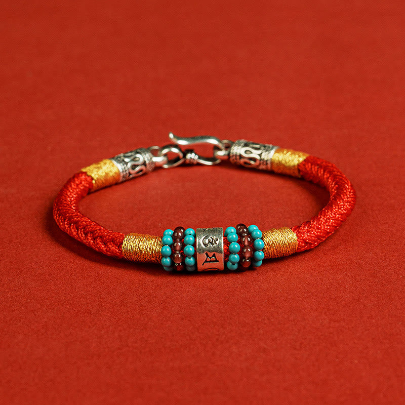 Pulsera de plata de ley 925 con seis palabras verdaderas y hilo rojo y negro con Buddha Stones - Rojo - 19 centímetros - image 1