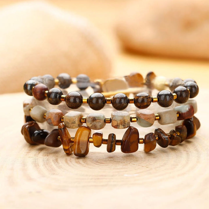 Pulsera de triple vuelta con determinación, piedra del emperador, ojo de tigre y bronzita de Buddha Stones