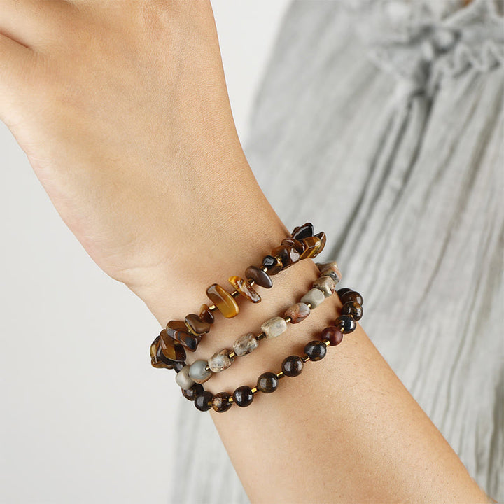 Pulsera de triple vuelta con determinación, piedra del emperador, ojo de tigre y bronzita de Buddha Stones