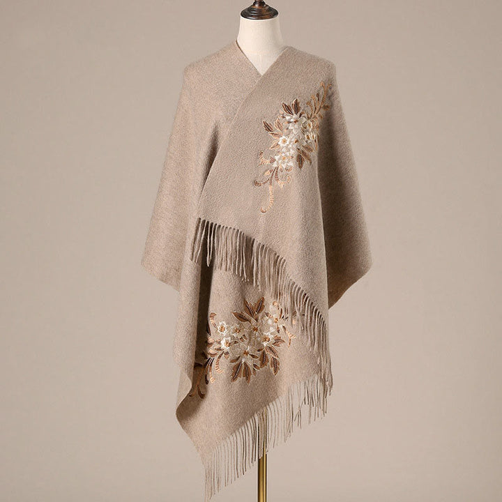 Bufanda de viaje acogedora de invierno con borlas bordadas con begonia y chal de lana con Buddha Stones