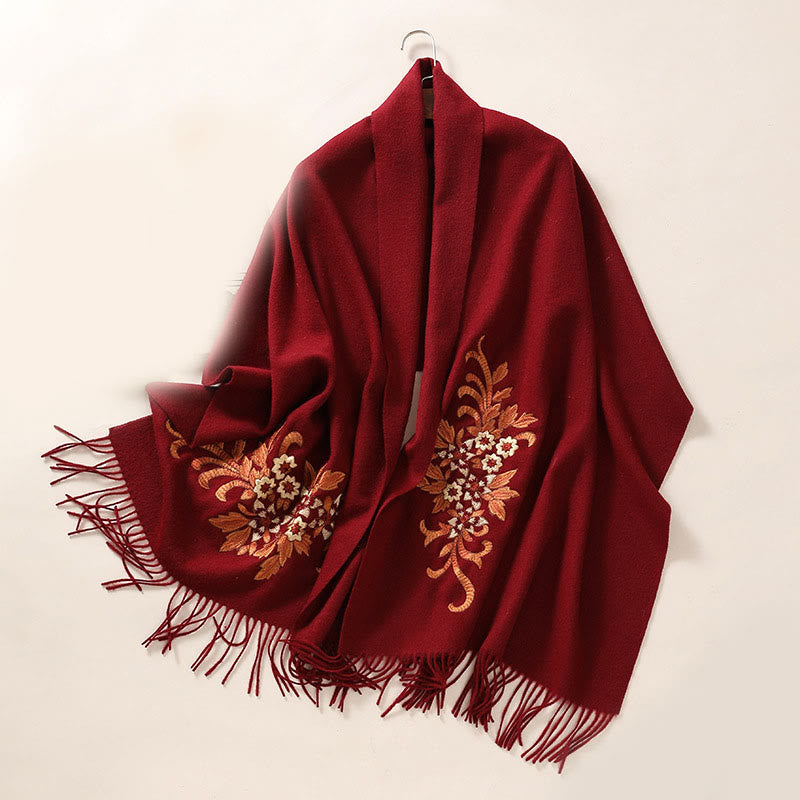 Bufanda de viaje acogedora de invierno con borlas bordadas con begonia y chal de lana con Buddha Stones - Rojo oscuro - 200*60 cm - image 11