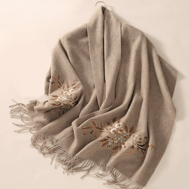 Bufanda de viaje acogedora de invierno con borlas bordadas con begonia y chal de lana con Buddha Stones - image 2