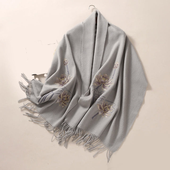 Chal de lana con Buddha Stones y borlas bordadas con loto para invierno, bufanda de viaje acogedora